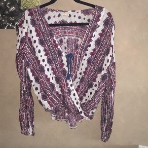 Low cut tie printed blouse